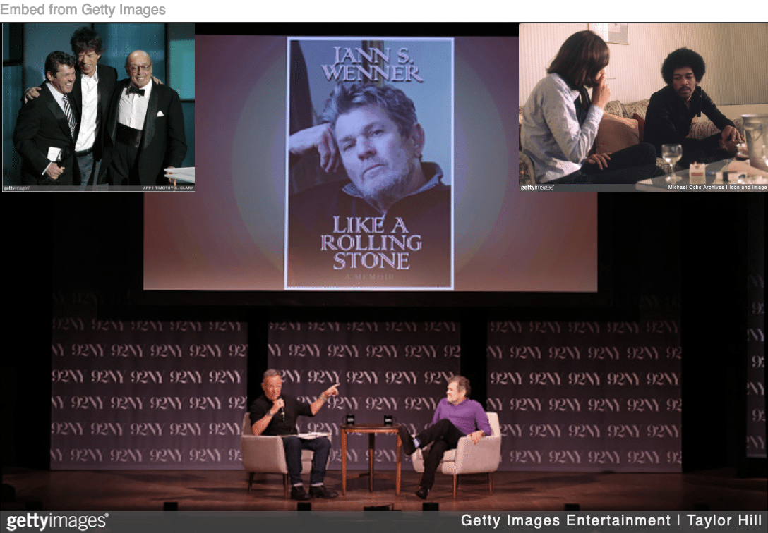 Jann Wenner being interviewed by Bruce Springsteen about his memoir with young Wenner and Jimi Hendrix and old Wenner and Mick Jaggger inset.