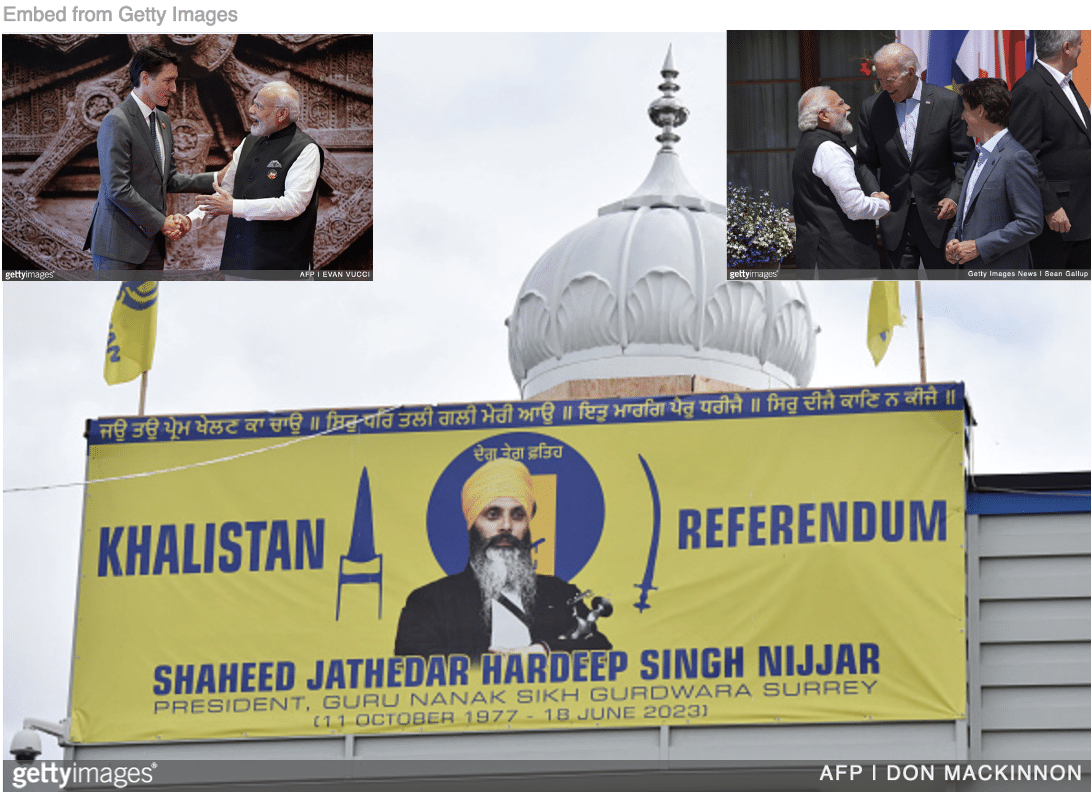Poster of Hardeep Nijjar with Trudeau greeting Modi inset and Modi, Biden, and Trudeau having a laugh inset.
