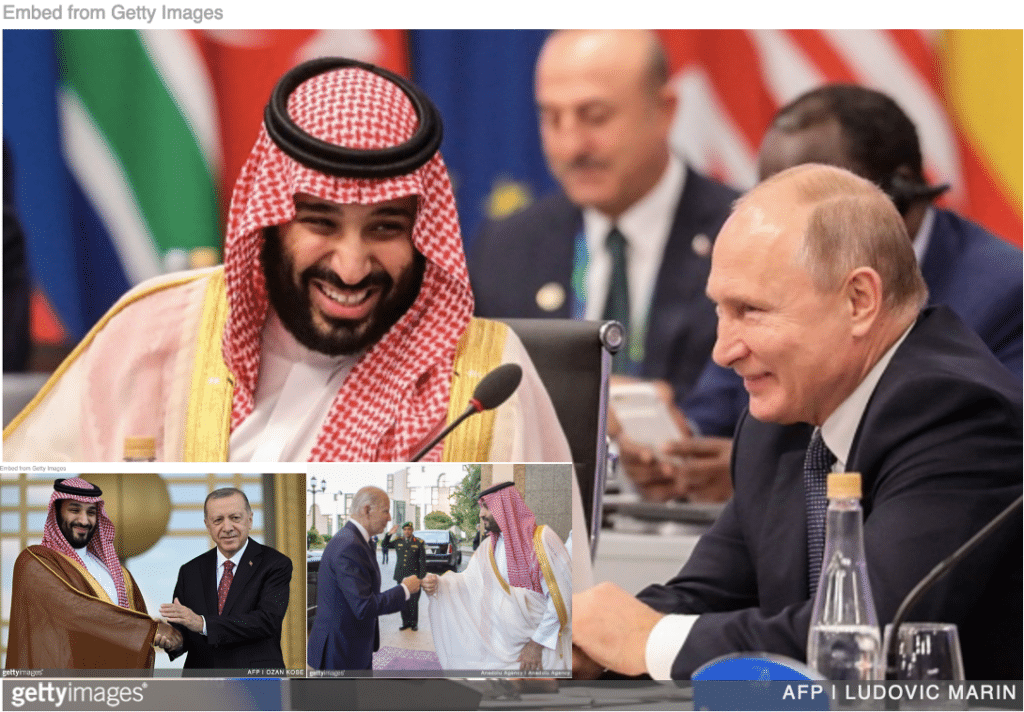 MbS and Putin having a laugh at summit and Erdogan greeting MbS inset and MbS greeting Biden inset.