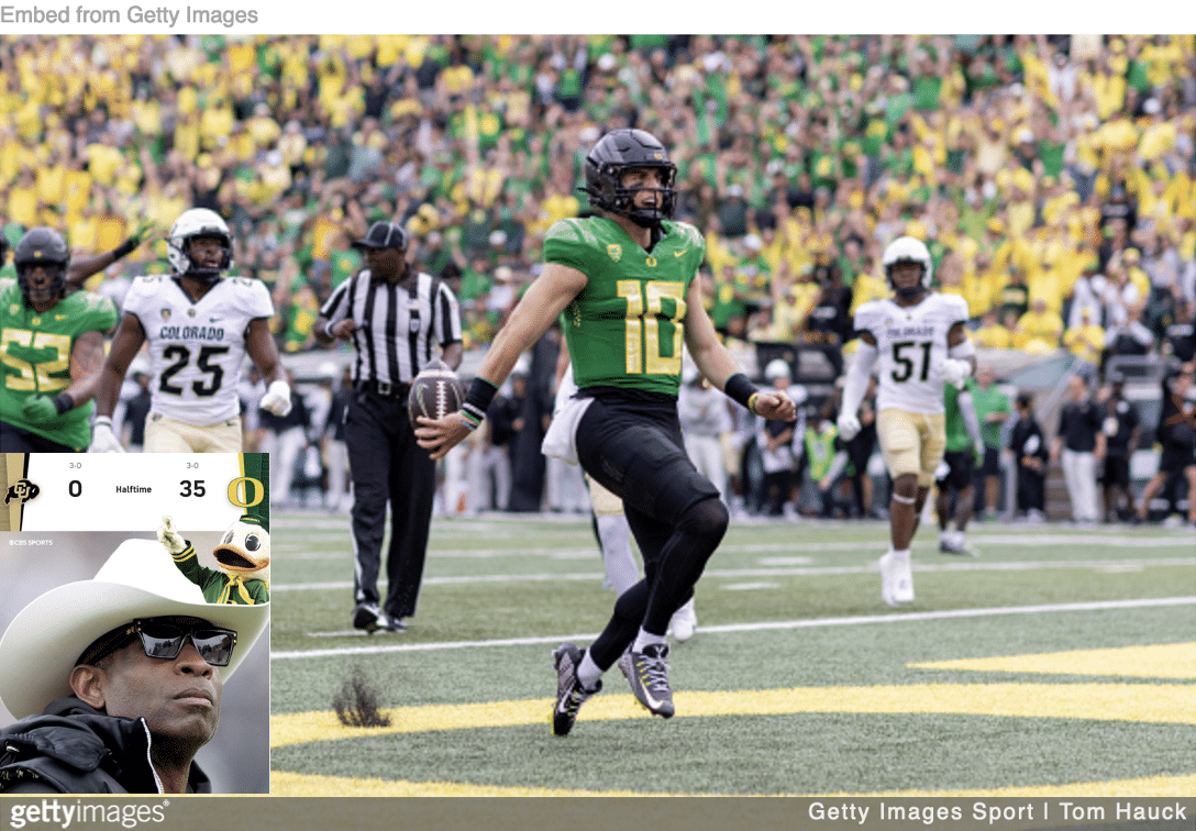 Oregon defeating Colorado and Coach prime with halftime score indicated over his head inset.