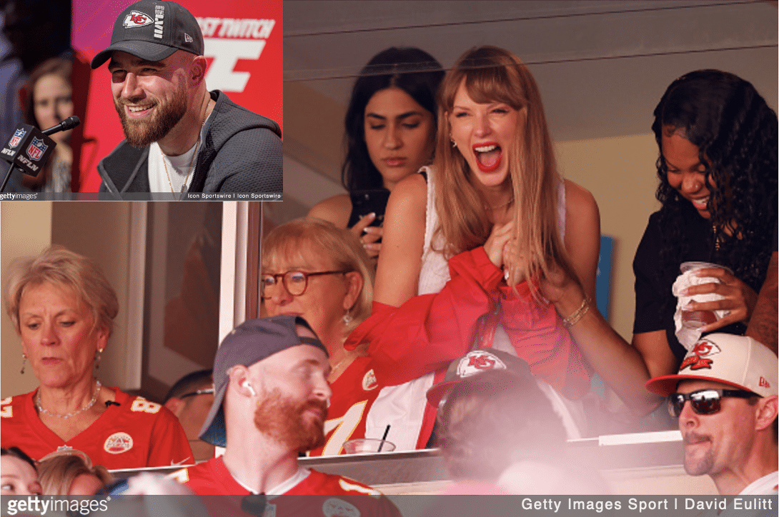 Taylor Swift cheering on Travis Kelce with his mom at football game with image of Kelce inset.