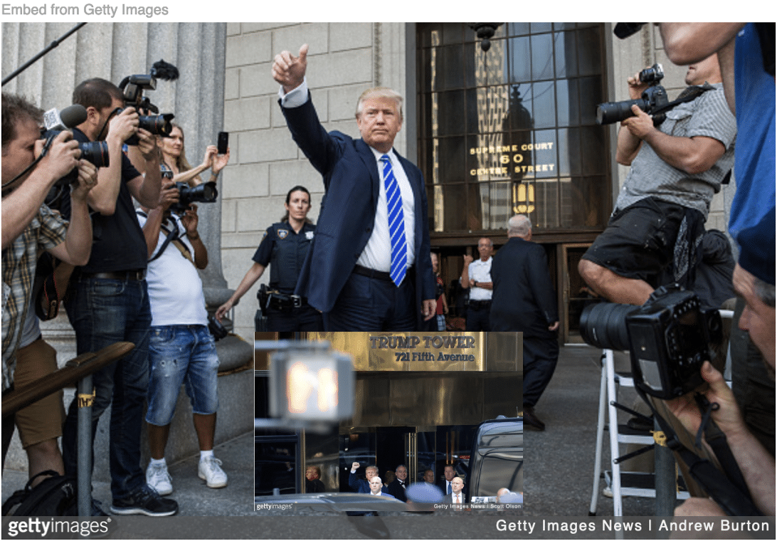 Trump entering criminal court in NYC and standing in front of Trump Tower.