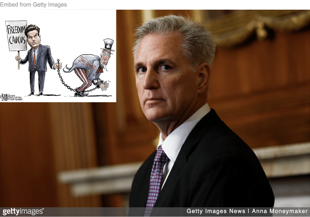 Speaker Kevin McCarthy looking glum with cartoon of Matt Gaetz holding the government hostage inset.
