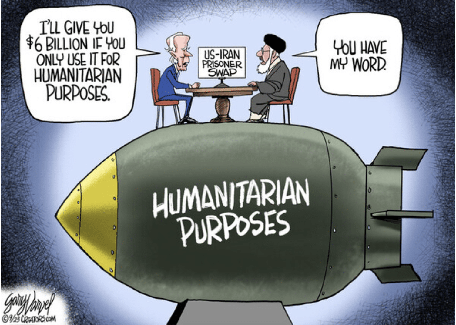 Cartoon of Biden negotiating with Iran for hostages while both are sitting on a nuke.