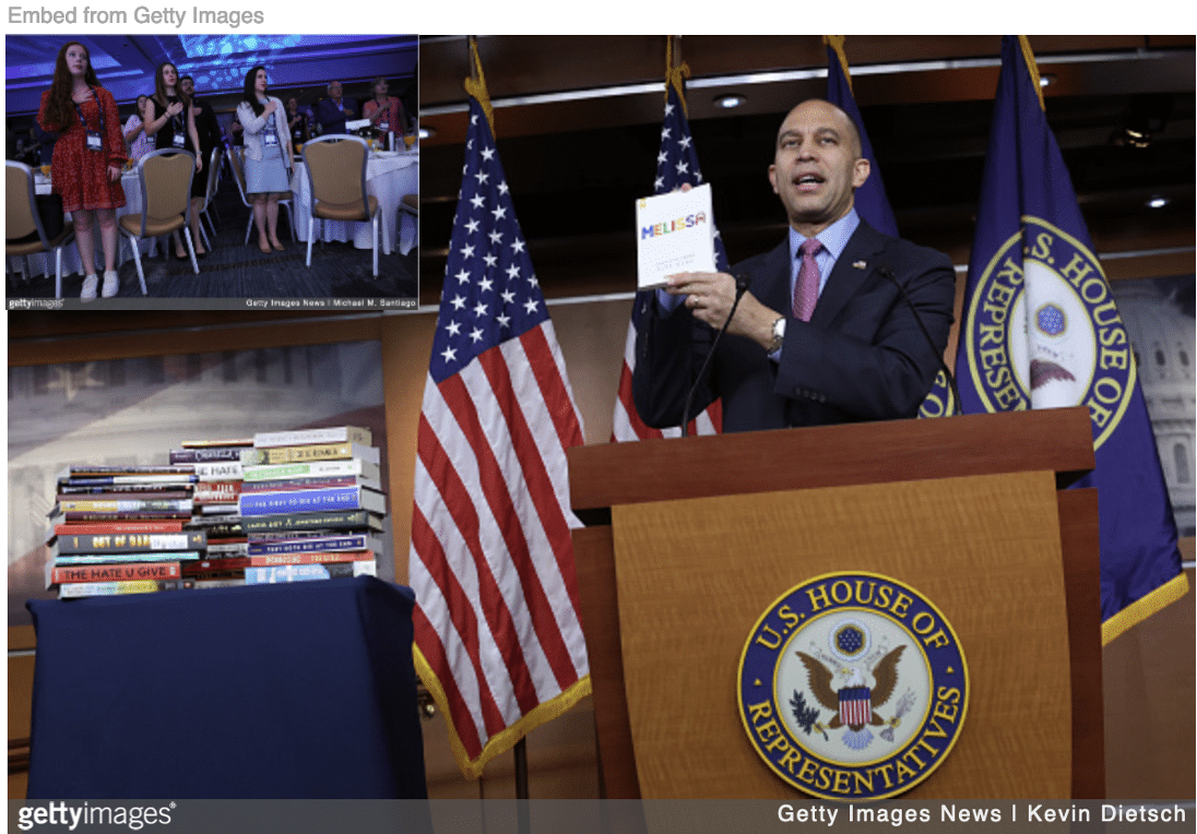 Democratic minority leader mocking book bans with moms for liberty members at summit.