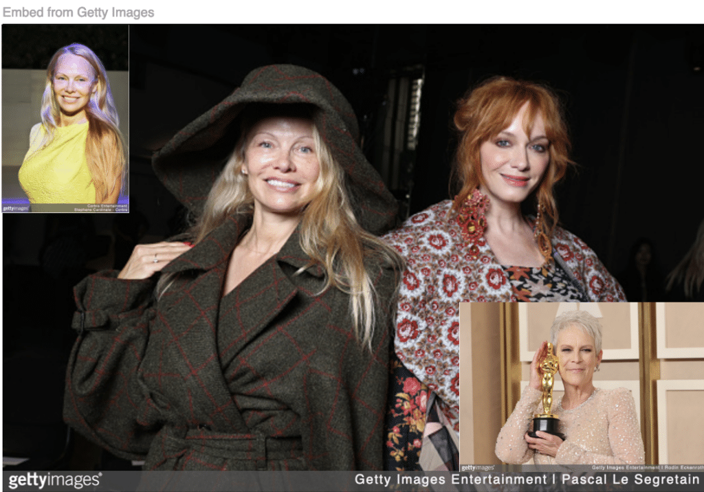 Pamela Anderson sitting at Paris Fashion Show without makeup with barefaced Anderson inset and Jamie Lee Curtis who praised her inset.