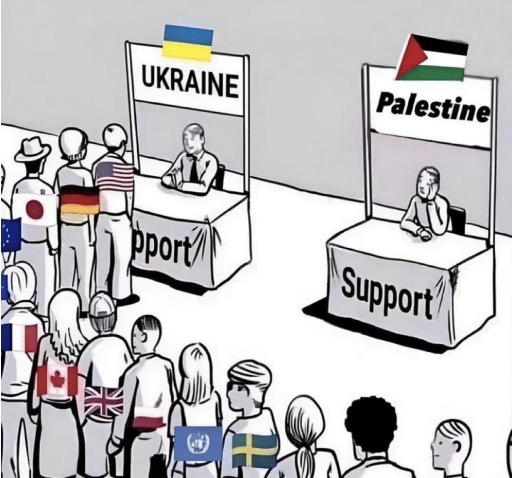 Cartoon showing people from all over the world lining up to support Ukraine but none to support Palestine.