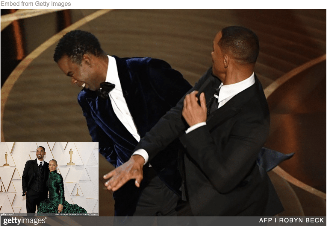 Will Smith slapping Chris Rock at Oscars and Will and Jada walking the Red Carpet inset.