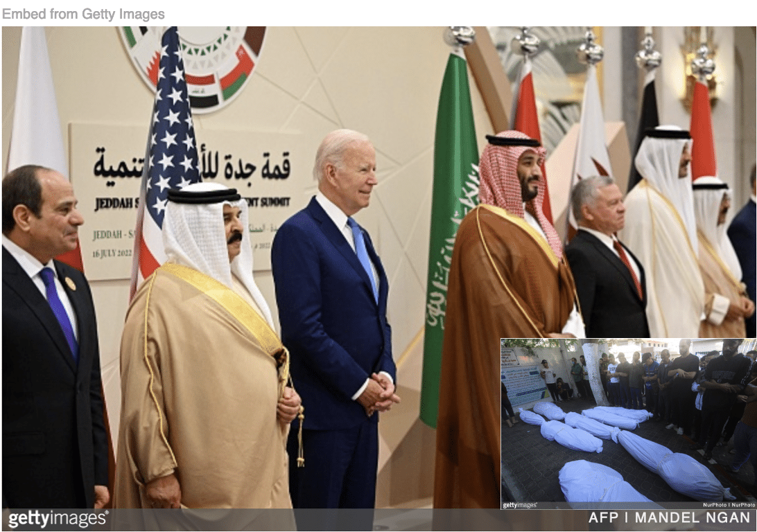 Biden meeting with Arab leaders with dead laid out after explosion at Gaza hospital.