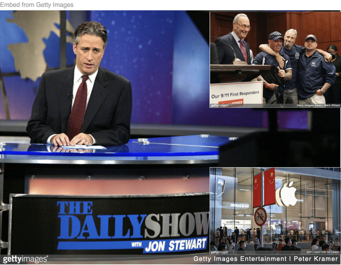 Jon Stewart on set at Daily Show inset with Sen. Chuck Schumer and first responders and inset image of front of an Apple store in China.