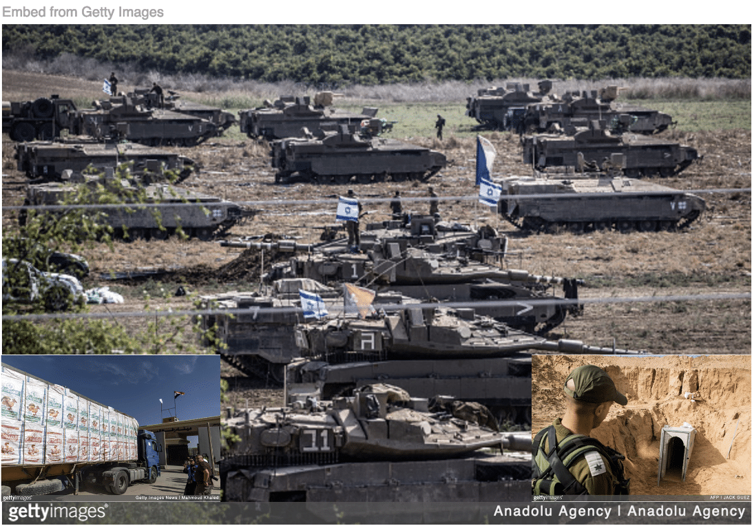 Israeli tanks amassed at the Gaza border with truck approaching Rafa crossing inset and soldier looking into Gaze tunnel inset.