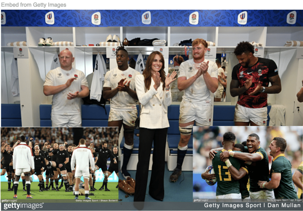 Kate Middleton visiting England Rugby team locker room with All Blacks performing pre-game warm up inset and Springboks hugging on field inset.
