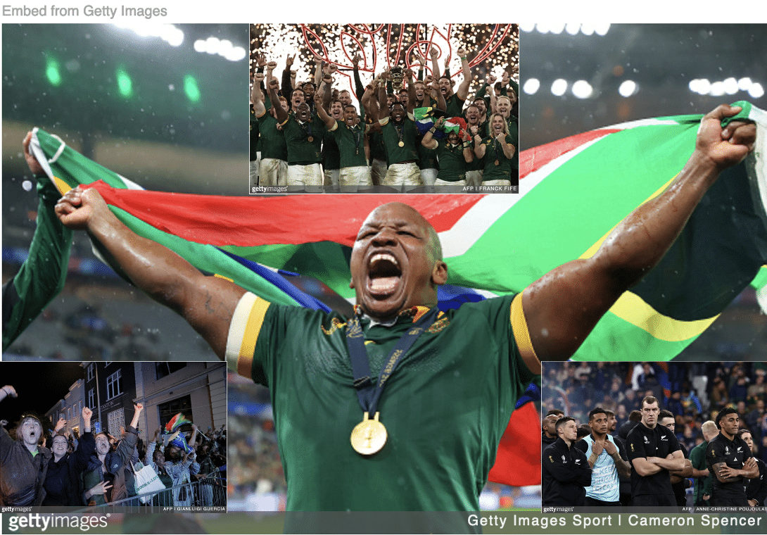 South Africa celebrating their Rugby World Cup win with images from scene inset