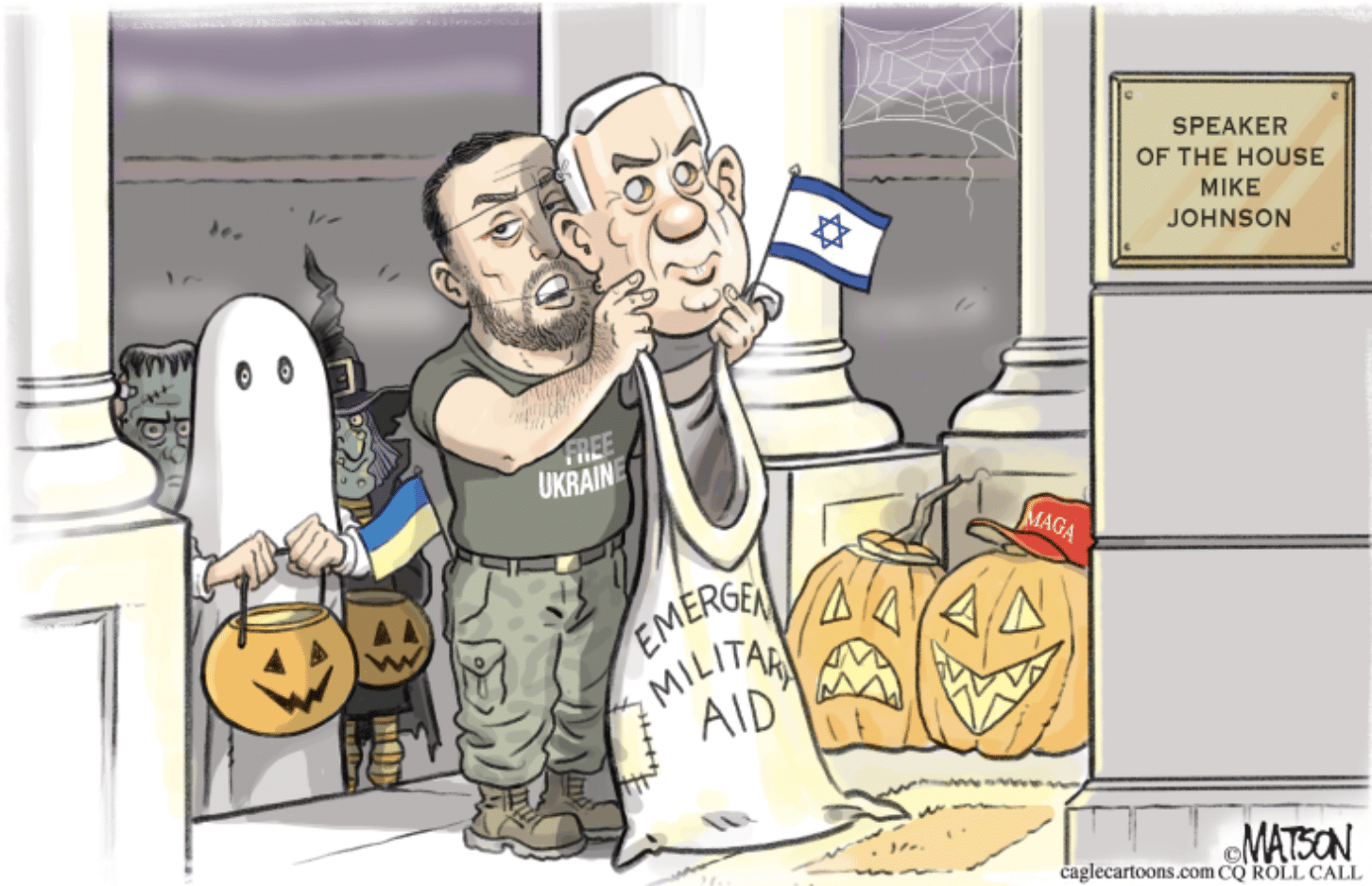cartoon of Zelensky wear a Netanyahu costume.