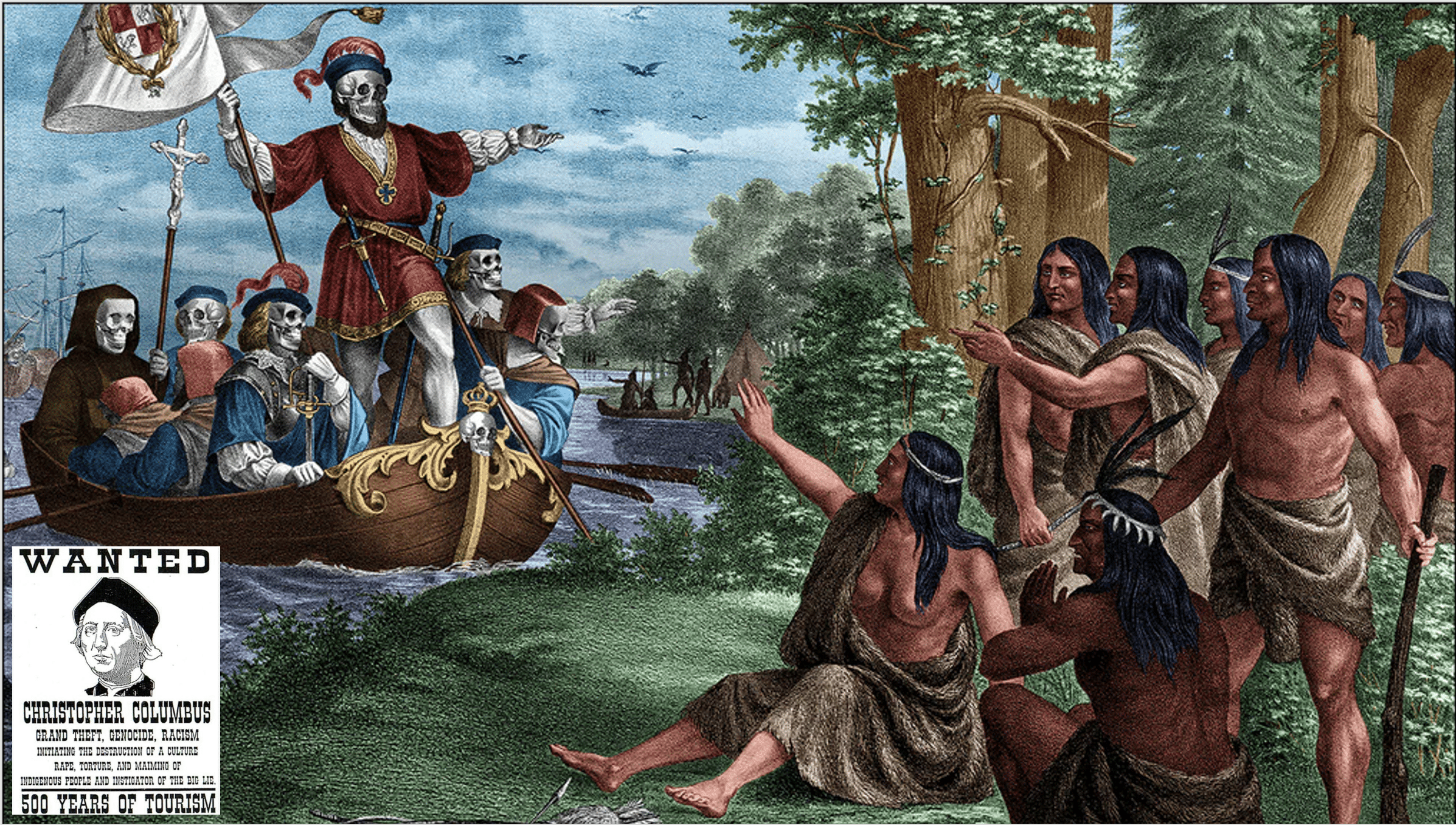 image of Christopher Columbus arriving in New World with image of his wanted poster inset