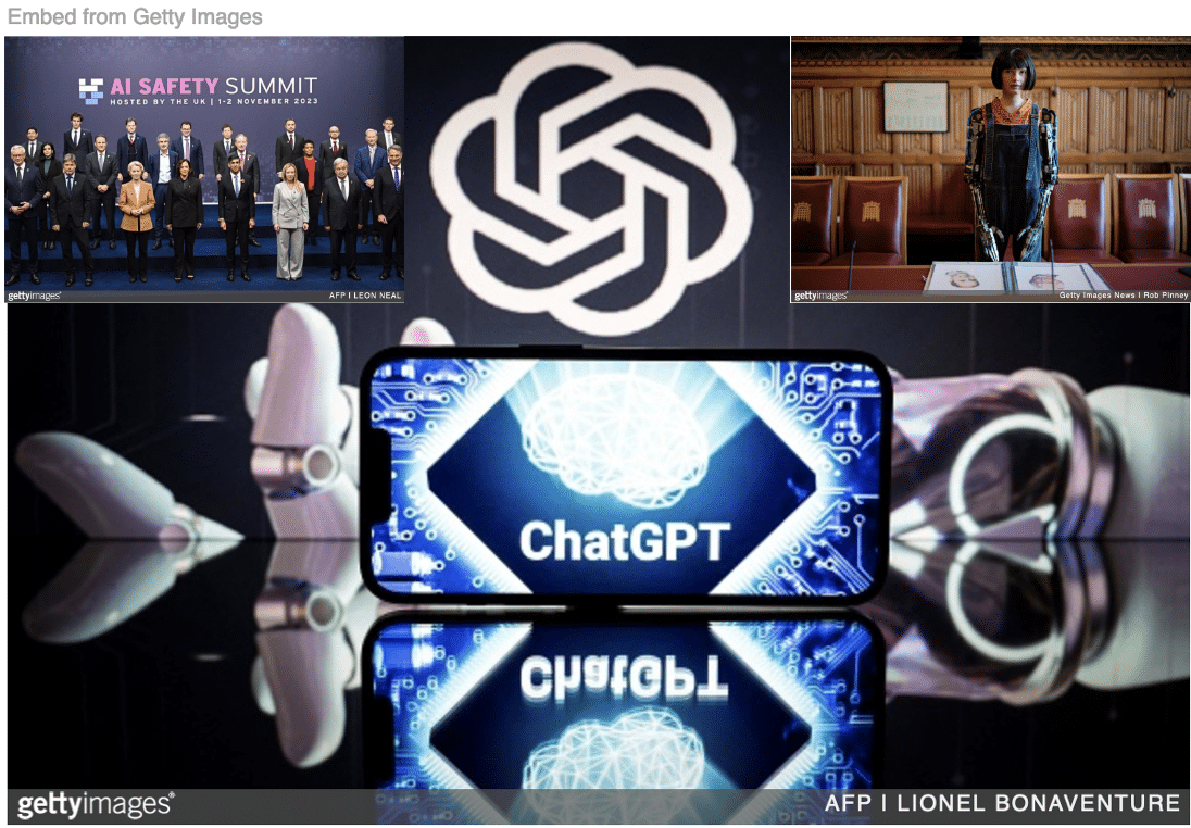 UK summit on AI with image of AI robot and ChatGPT logo inset.