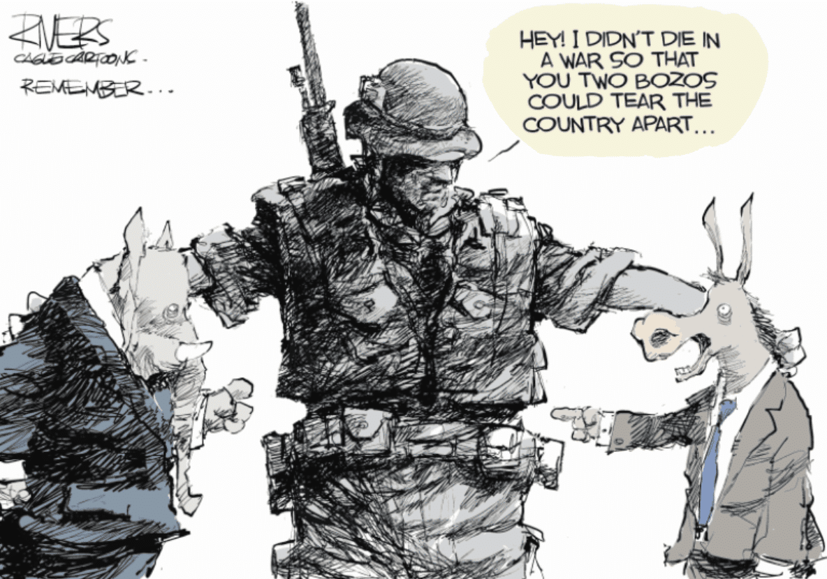 cartoon of soldier holding Democrat donkey and Republican elephant by neck to shake sense into them about the meaning of military sacrifice.