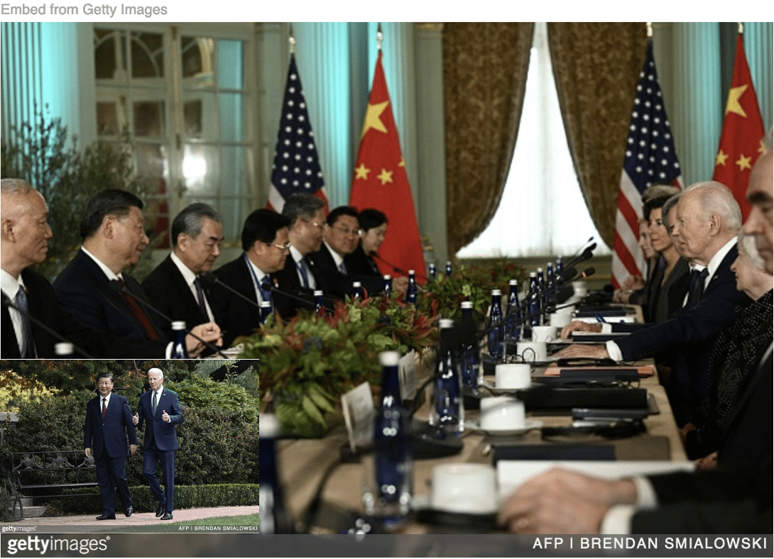 Biden and Xi teams sitting at summit table with Biden and Xi walking alone in garden inset.