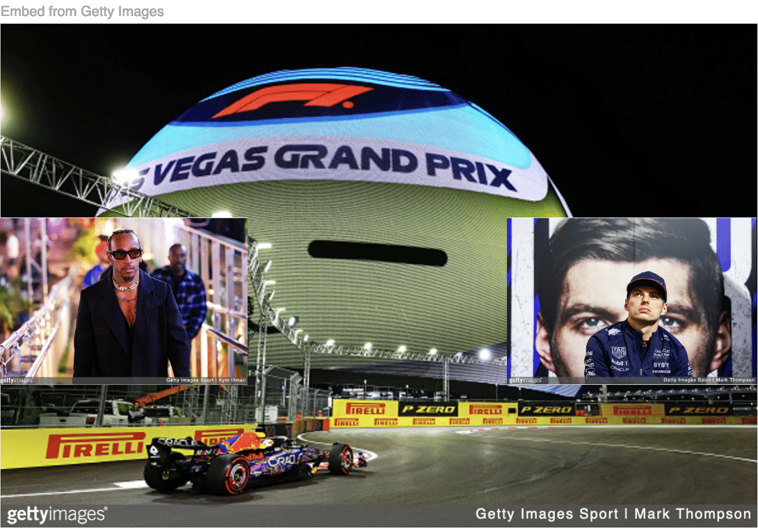 Promo image for Las Vegas Grand Prix with image of star drivers Lewis Hamilton and Max Verstappen inset.