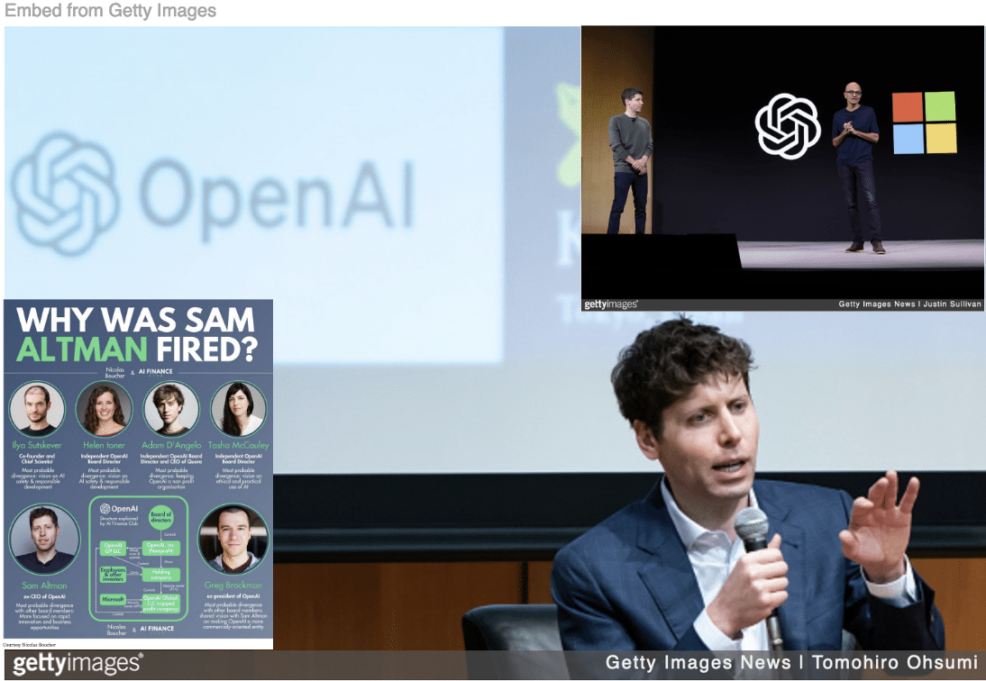 Sam Altman addressing AI forum with image OpenAI board members and Altman with Microsoft CEO inset.