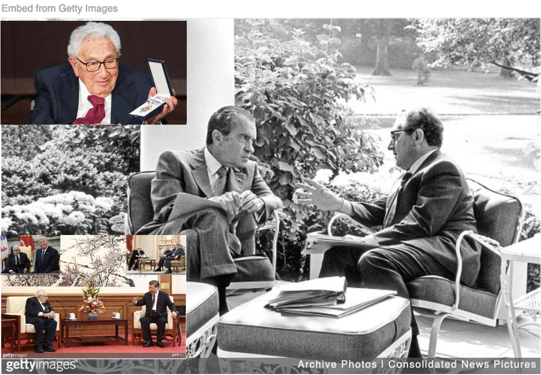 Collage of images of Kissinger with Nixon, Xi, Putin, and Trump