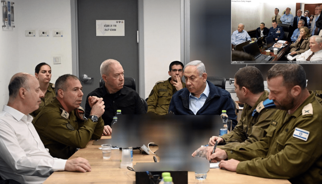 Netanyahu watching hostages released with cabinet and Obama watching Seals capture bin Laden inset.