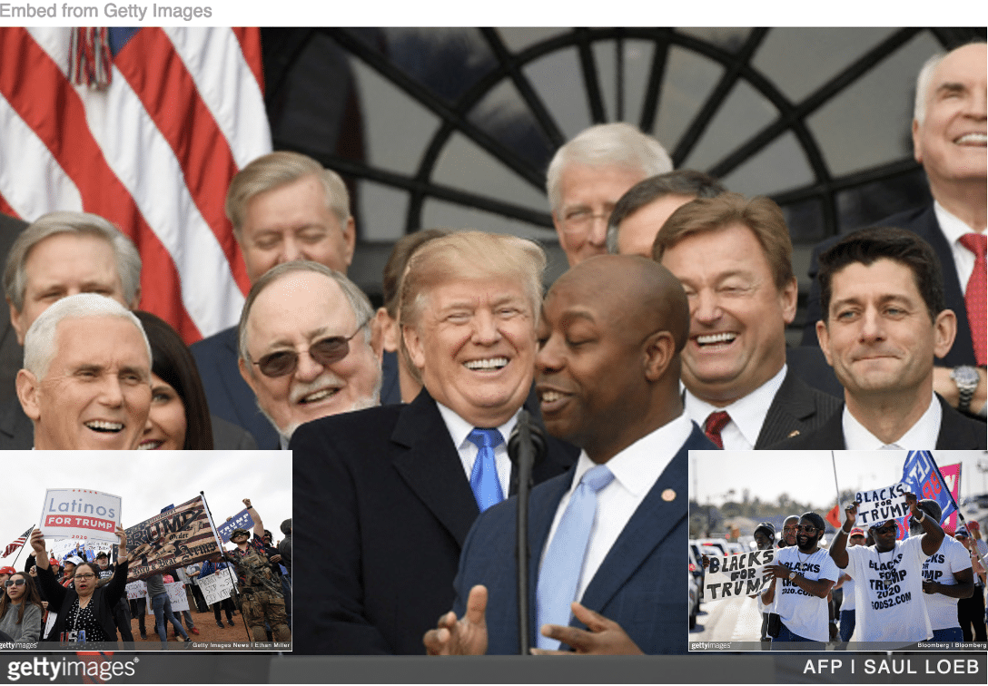 Tim Scott with all white Republicans with blacks and Latinos campaigning for Trump inset.