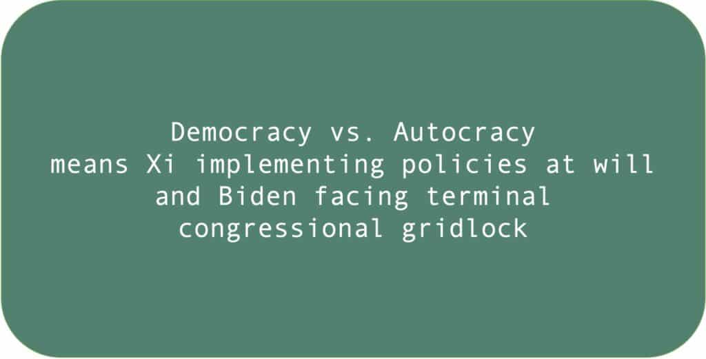 Democracy vs. Autocracy means Xi implementing policies at will and Biden facing terminal congressional gridlock.