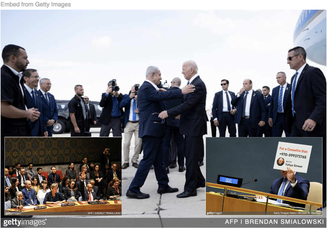 Biden hugging Netanyahu on tarmac with UN vote on Gaza resolution inset.