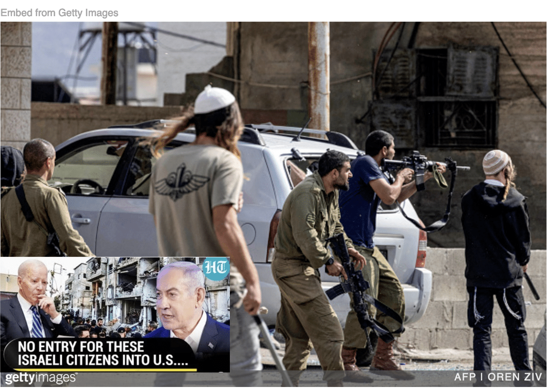 Israeli settlers in West Bank attack Palestinians with image of Biden and Netanyahu inset.