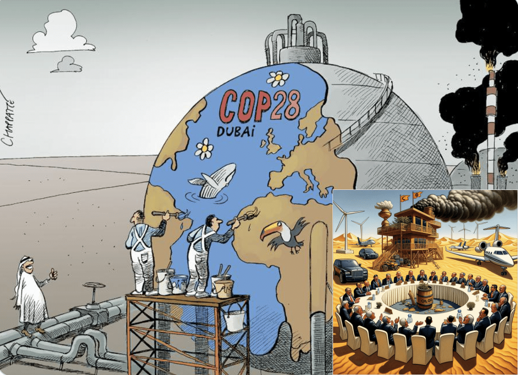 COP28 cartoon depicting cynicism of hosting climate change in Dubai.