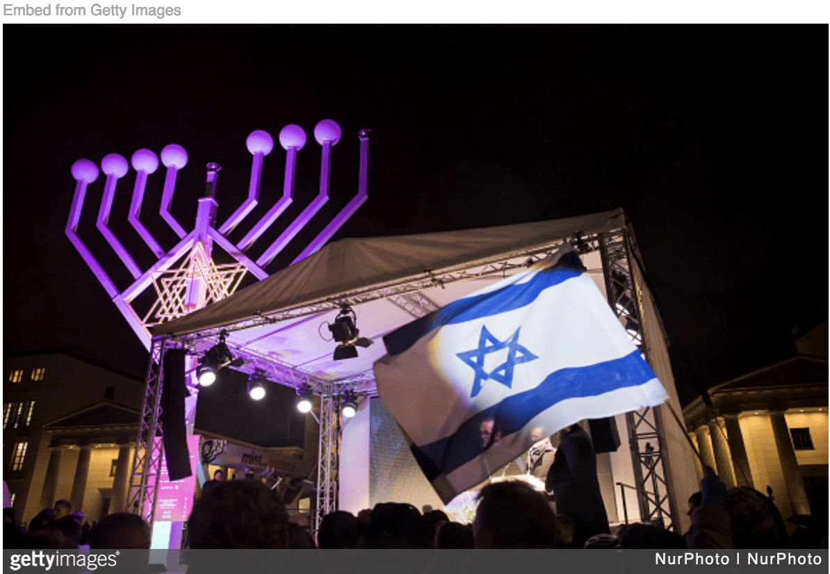 Hanukkah celebration with image of menorah and Israeli flag.