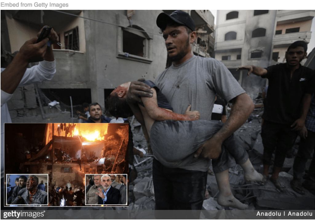 scenes of carnage from Israeli bombing in Gaza and inset image of Hamas leader.