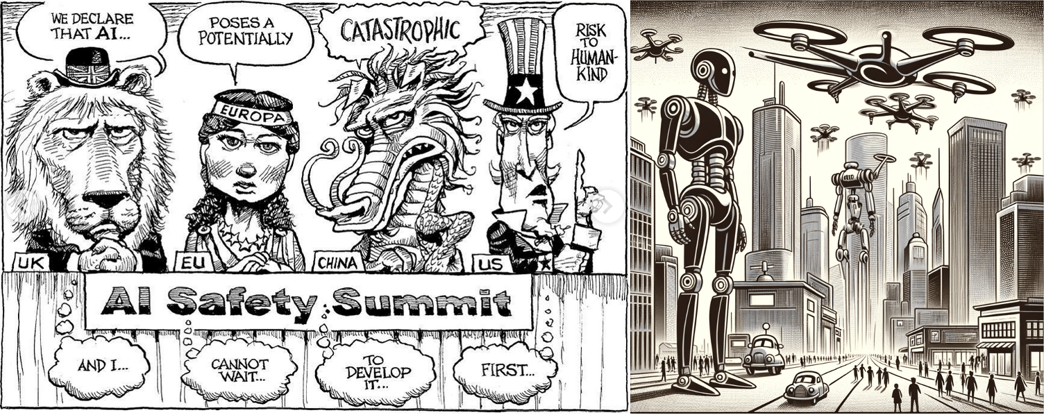 Kal cartoon about major countries developing AI despite dangers with image of AI future inset.