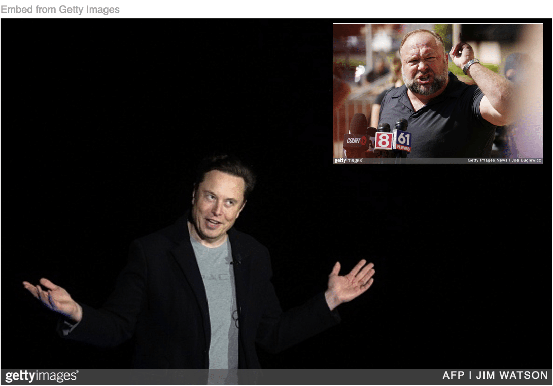 Elon Musk onstage looking like he doesn't care about anything with image of fuming Alex Jones inset.