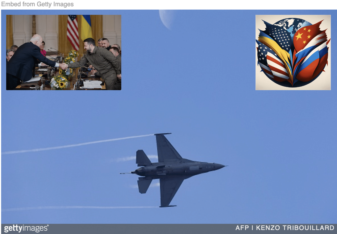 image of F-16 flying with Biden and Zelensky meeting and collage of flags of countries involved in the Ukraine war inset.