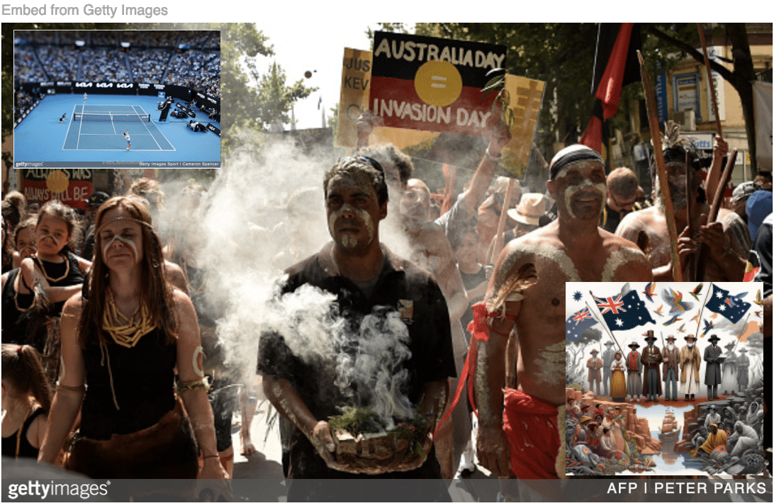Australia Day protests with image of Australian Open and cartoon of European discovery inset