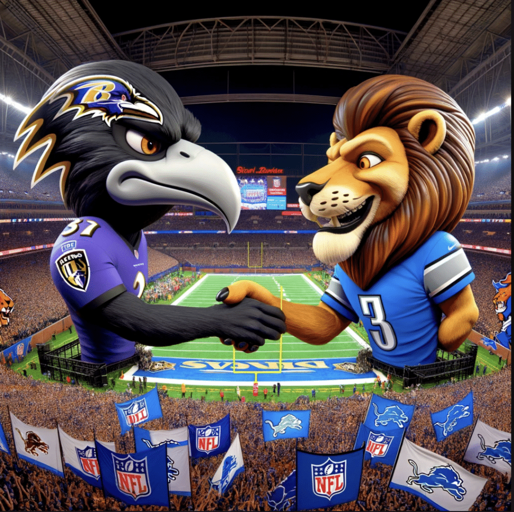 mascots for Ravens and Lions in Super Bowl matchup