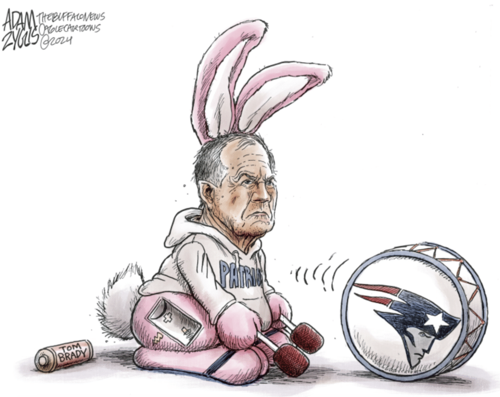 Belichick as the energizer bunny that stops going because his Brady battery has run out.