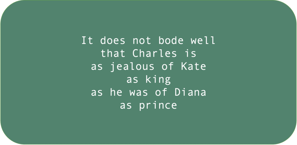 It does not bode well that Charles is as jealous of Kate as king as he was of Diana as prince.