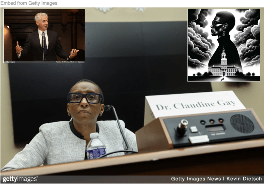 Claudine Gay testifying before Congress about antisemitism with images of powerful Black woman and billionaire Bill Ackman inset