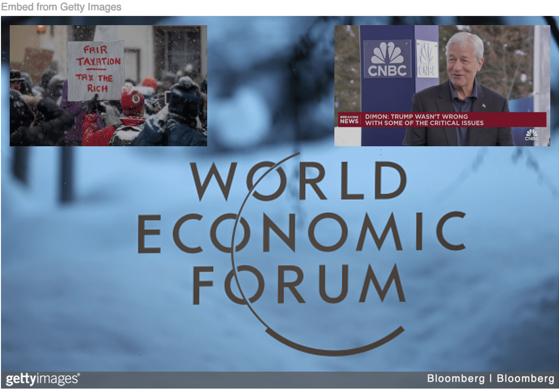 Logo of World Economic Forum with images of protests and Jamie Dimon at Davos