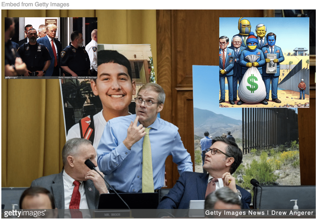 New speak and GOP holding hearing on migration at the border with image of Trump attending court trial and cartoon of Republicans at the border.