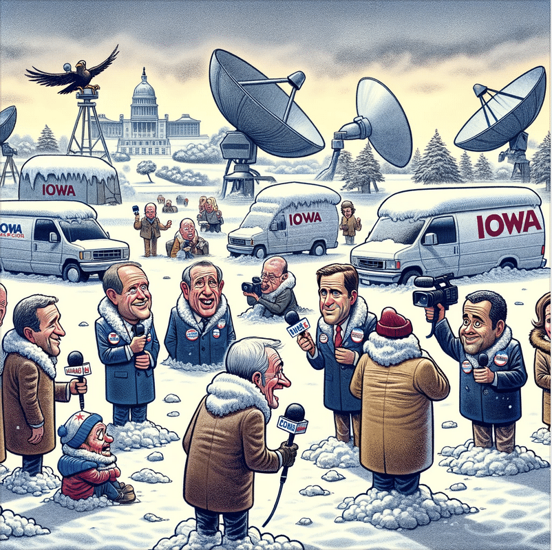 cartoon of media reporters in cold at Iowa Caucuses