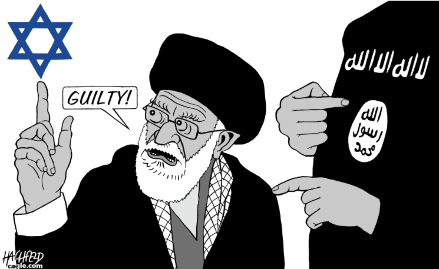 Cartoon of Iran blaming Israel for ISIS attack.