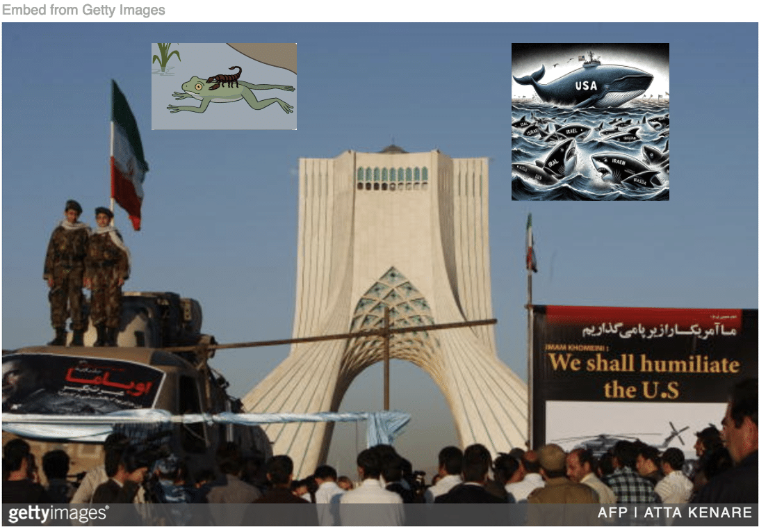 Iranian militia protesting against America with image of USA as whale and of scorpion and frog inset.