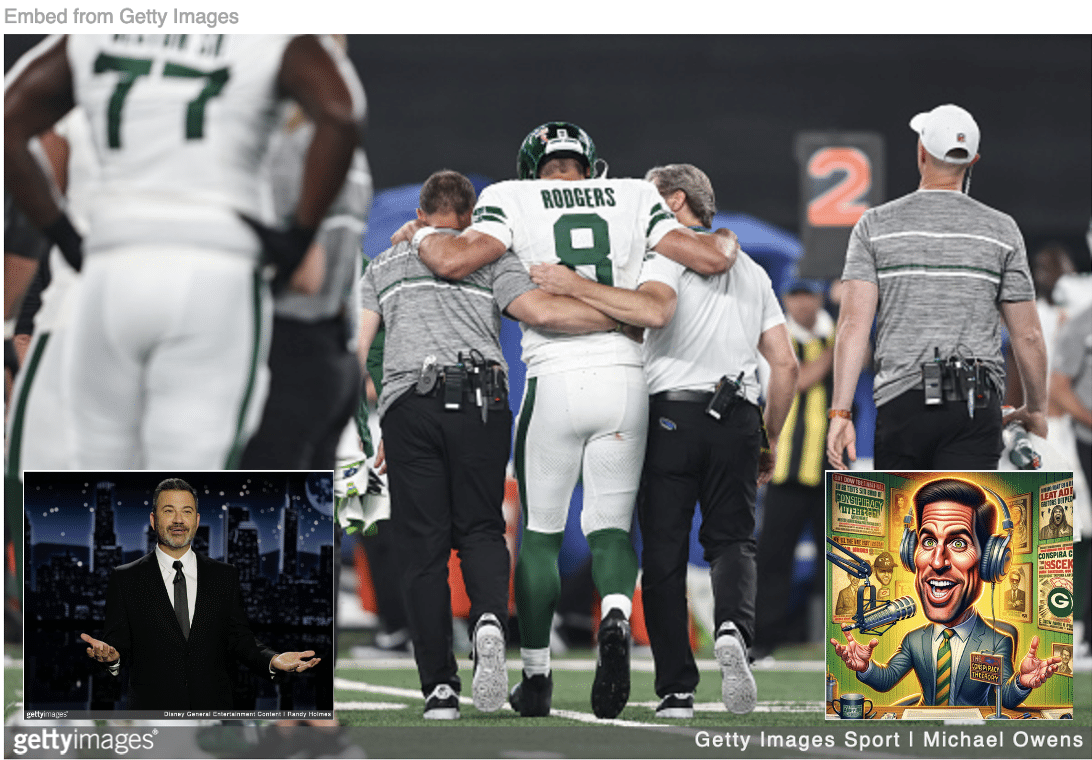 Aaron Rodgers being taken off field after injury with image Jimmy Kimmel hosting his show and cartoon of Rodgers as a shock jock.