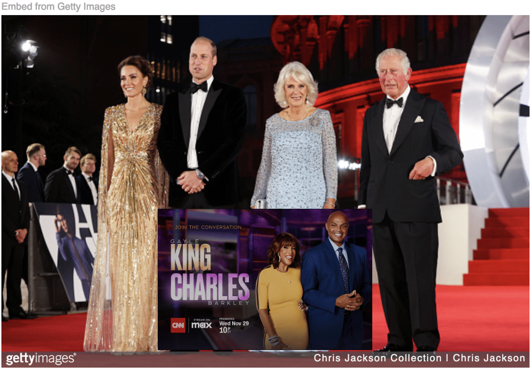 Charles and Camilla William and Kate at gala with image of Gayle King and Charles Barkley inset.