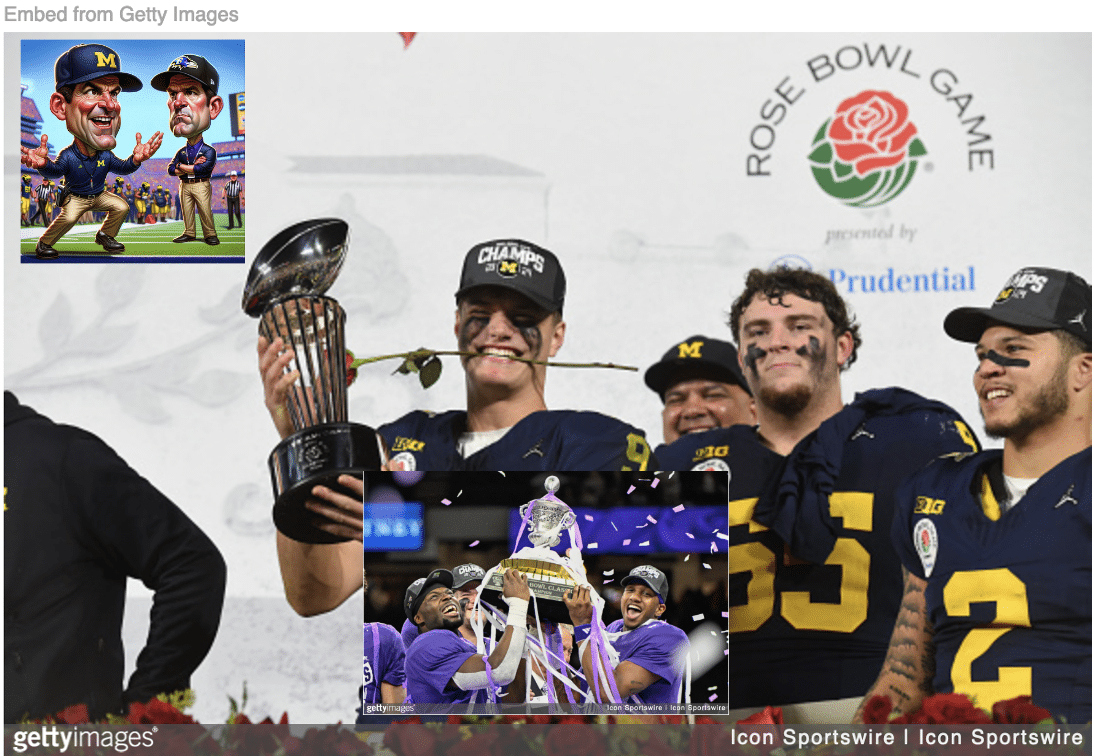 Michigan celebrating berth to CFP championshp with Washington celebrating the same and cartoon of Harbaugh brothers inset.