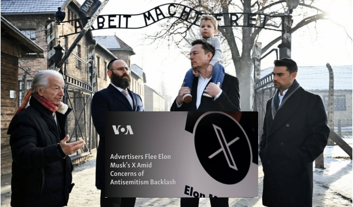 Musk visiting Auschwitz with son on shoulders speaking to Jewish leaders with image of advertisers fleeing X over antisemitism.